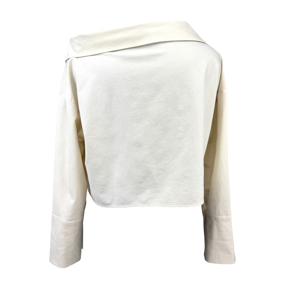 OAK + FORT Textured Off-Shoulder Asymmetrical Cropped Cream Button Up Shirt Sz M - Picture 3 of 6